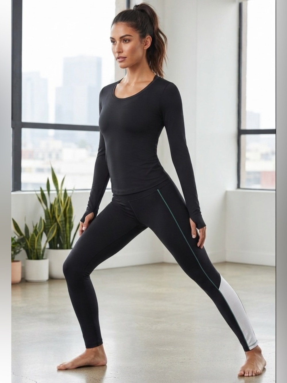 NWT Virtual Sensuality Fit Leggings M Black Colorblock Teal Stripe